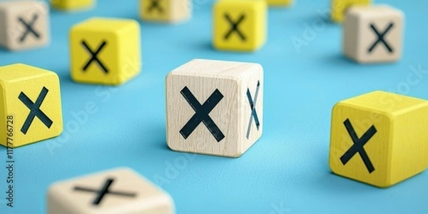 Fototapeta Colorful Wooden Blocks with Cross Symbol on Blue Surface