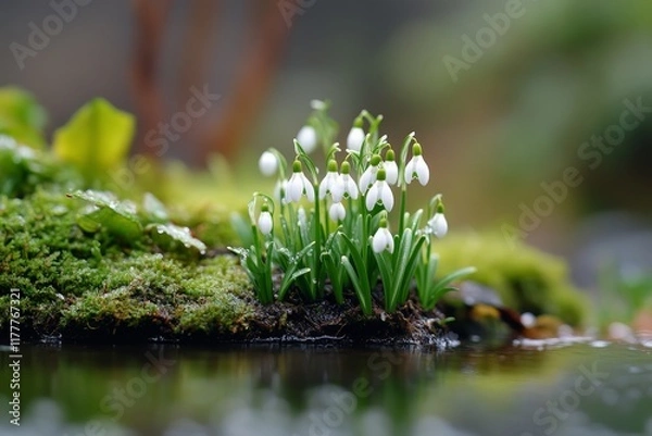Fototapeta Delicate snowdrops blooming beside serene water in a lush, green setting during early spring