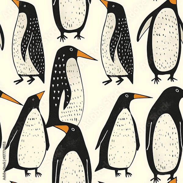 Fototapeta Playful Penguin Repeating Pattern in Hand-Drawn Style