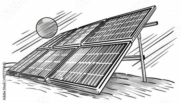 Fototapeta Solar panel sketch absorbing sunlight. Ideal for educational resources promoting renewable energy sustainability and eco-friendly power solutions.