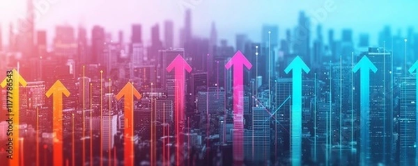 Fototapeta economic and windfall concept. Colorful upward arrows against a city skyline, symbolizing growth and progress.