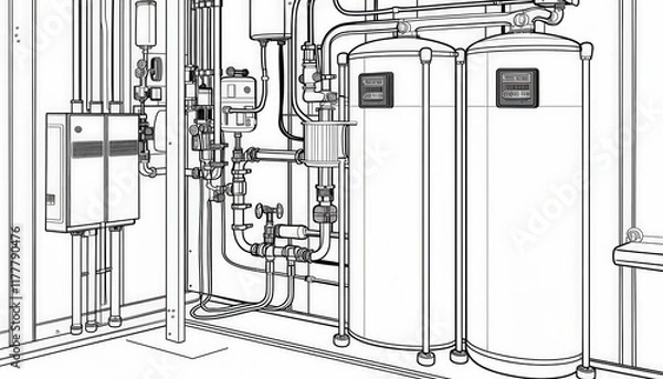 Fototapeta Industrial water treatment system with tanks, pipes, valves, and control panel. Ideal for purifying water in manufacturing or processing plants.