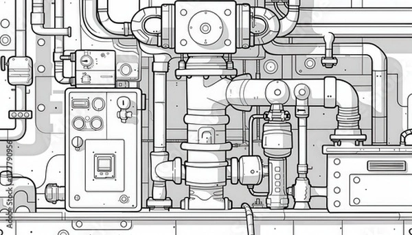 Fototapeta Intricate line art of complex machinery with pipes, gauges, and control panels. Ideal for industrial backgrounds, blueprints, or coloring pages.