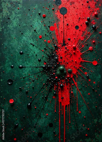Fototapeta This image exhibits a dark grungy texture with prominent red and green splatters and smudges, giving it an abstract and slightly chaotic artistic appearance. new image