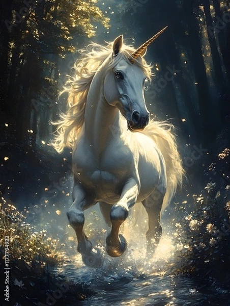 Fototapeta Powerful Unicorn Galloping Through Serene Moonlit Forest with Glowing Horn and Ethereal Mist