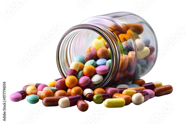Obraz Vitamins bottle with various colorful capsules spilling out, isolated on background.