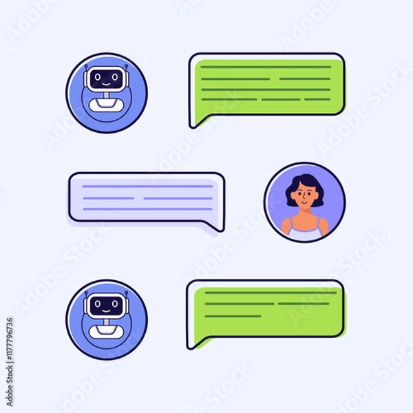Fototapeta People talking with chat bot. Vector isolated illustration. Customer service concept. Chat bot virtual assistan. Digital chat bot, robot assistant. Virtual conversation assistant for getting help
