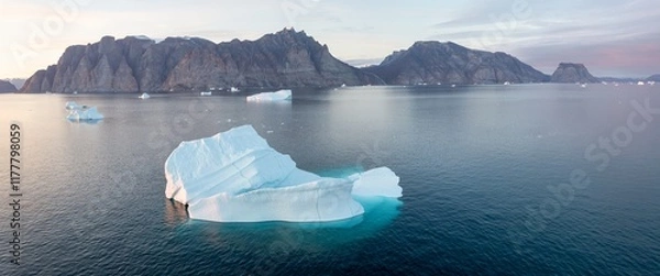 Fototapeta Big icebergs in Atlantic ocean, Ilulissat icefjord, western Greenland. Blue sea and the blue sky at sunrise.
Melting icebergs by the coast of Greenland, on a beautiful summer day. Global warming
