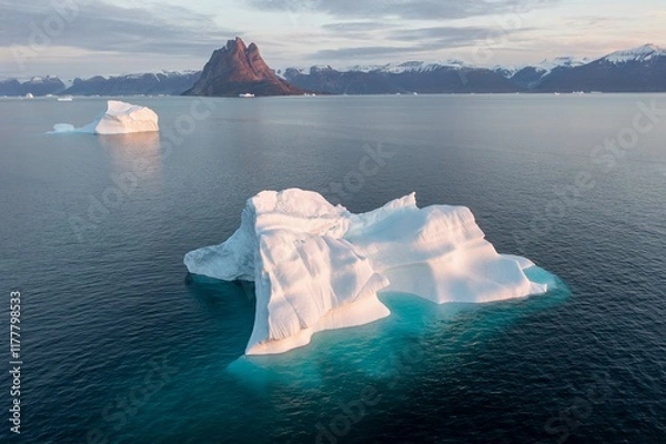 Fototapeta Big icebergs in Atlantic ocean, Ilulissat icefjord, western Greenland. Blue sea and the blue sky at sunrise.
Melting icebergs by the coast of Greenland, on a beautiful summer day. Global warming