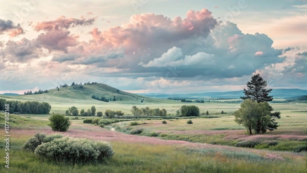 Obraz landscape with trees and clouds