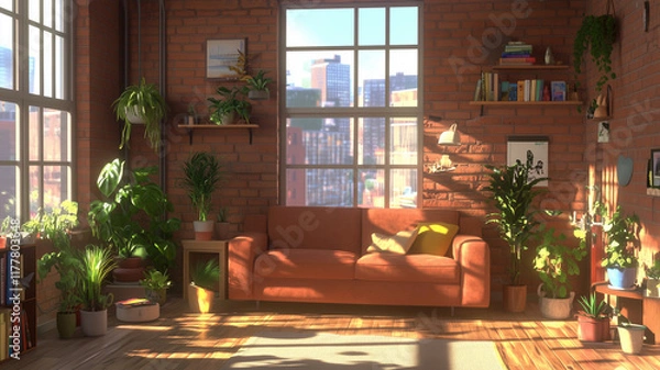 Fototapeta cozy living room featuring brick wall, large windows, and abundant greenery. orange sofa complements warm atmosphere, creating welcoming space filled with natural light