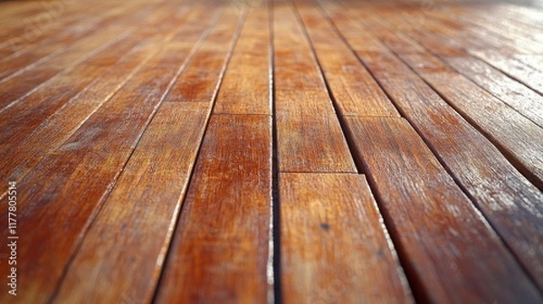 Fototapeta Close-Up View of a Well-Worn Wooden Floor Showing Unique Grain Patterns and Warm Tones in Natural Light for Interior Design and Renovation Projects