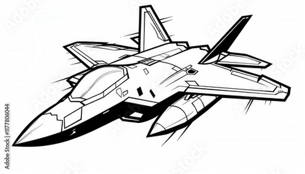 Fototapeta Sleek black and white line art of an F-22 Raptor fighter jet. Ideal for aviation logos, apparel designs, or military-themed projects.