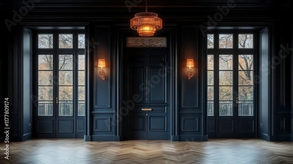 Fototapeta Elegant Interior Space with Dark Walls and Warm Lighting, Featuring Large Windows and Decorative Wall Fixtures in a Sophisticated Design Style