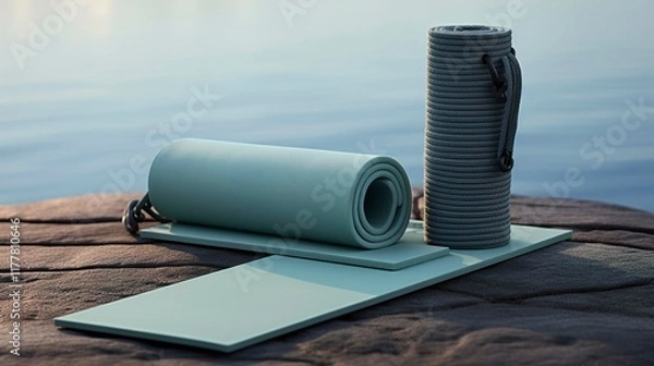 Obraz A photo of a yoga mat foam block and strap set