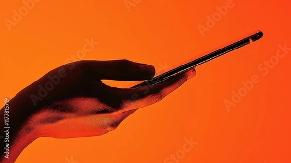 Fototapeta A hand gracefully holds a smartphone against a vibrant orange backdrop, embodying modern connection.