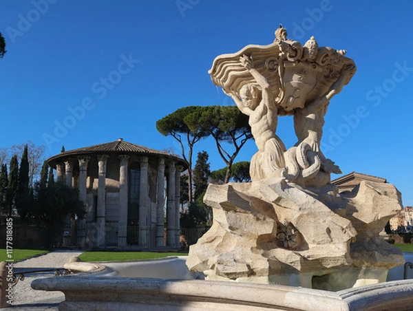 Fototapeta The Fountain of the Tritons, in the background the temple of Hercules Victor.
Rome Forum Boarium, Piazza Bocca della Verità.	