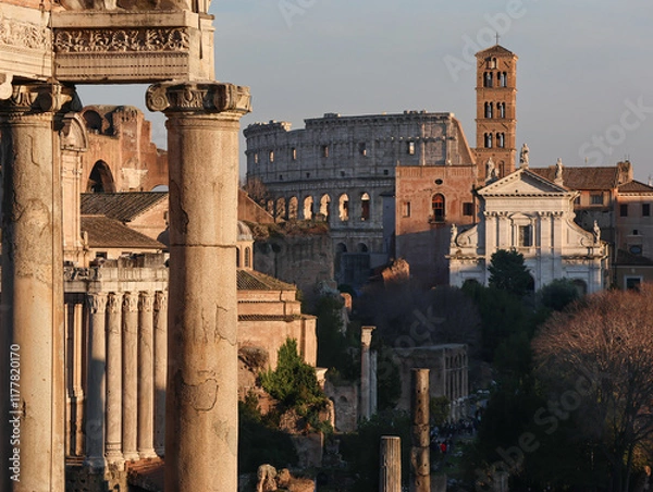 Fototapeta View of the Roman Forum from via del Campidoglio, at sunset.