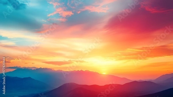 Fototapeta A vibrant, colorful sunrise over a desert with a clear area for text 