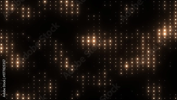 Fototapeta Golden disco lights background. Glowing disco party. VJ background. Flicker wall lights. Night club, music video, LED screen and projector, glamour and fashion event, jazz, pop. 