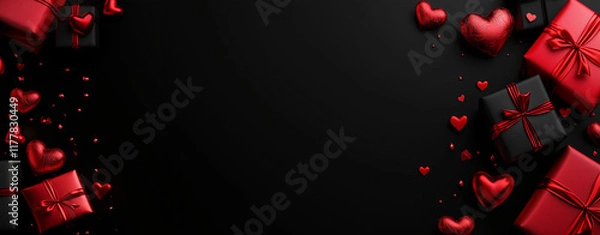 Fototapeta Valentines Day Magic. Top view of love themed festive decor. Red Gift boxes and hearts on black background. Template for advertisement, invitation, banner