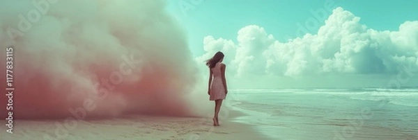 Fototapeta A woman walks alone along a beach, immersed in tranquility, surrounded by ethereal clouds and waves.