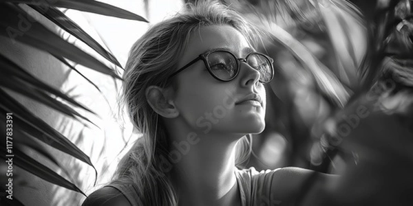 Fototapeta A thoughtful young woman surrounded by tropical leaves.