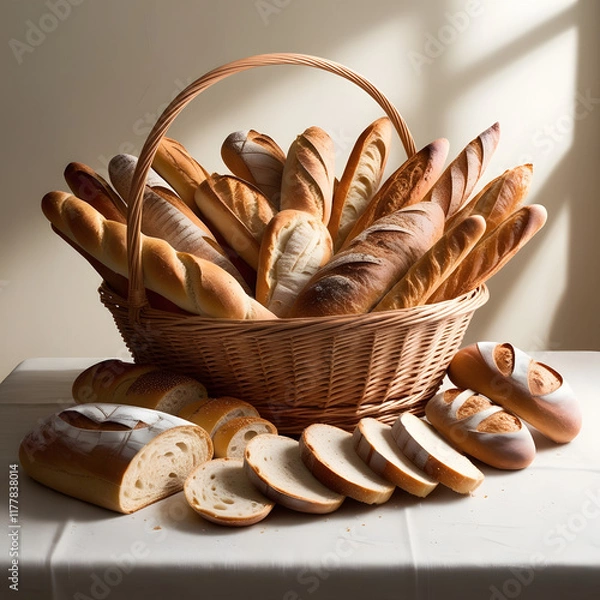 Fototapeta Mixed Bread Basket with Rustic Loaves and Sliced Bread on a Neutral Background