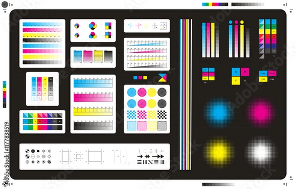 Fototapeta Color cmyk management elements. Offset print registration plates, gradient, cmyk color mixing panel. Printing control marks vector illustration set