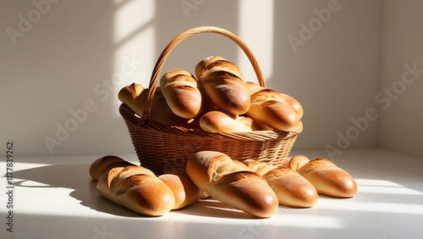 Fototapeta A Basket Filled with Warm Baguettes in Soft Natural Light on a Clean White Background
