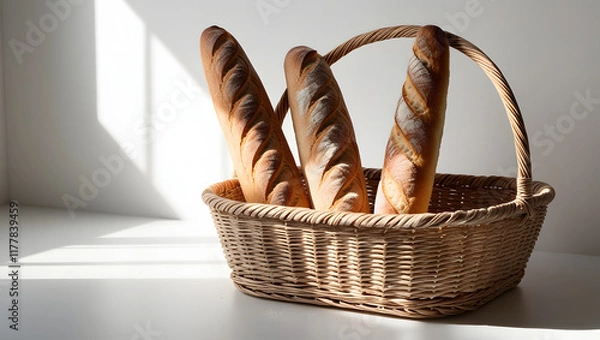 Fototapeta Artisan Baguettes Arranged in a Traditional Woven Basket Against a Neutral White Background