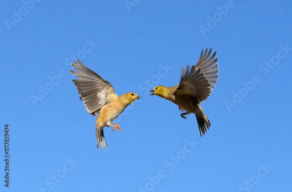 Obraz Two American Goldfinches in flight, having a disagreement, against clear blue winter sky