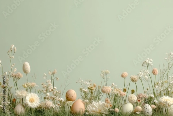Obraz Naturinspirierter Osterhintergrund mit Wiesenblumen und Ostereiern in zarten Farben, Nature-inspired Easter background with meadow flowers and pastel-colored eggs