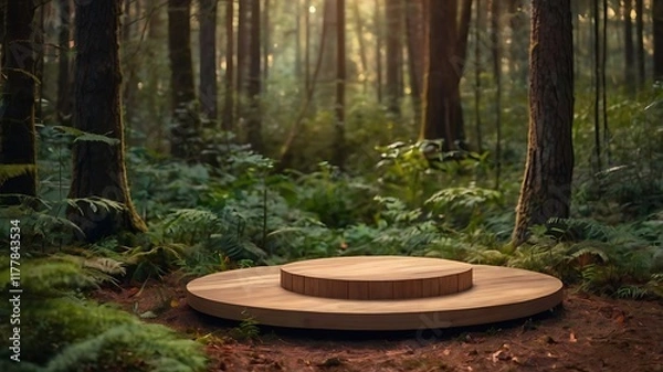 Fototapeta Flat wooden podium in a magical forest setting, perfect for product display with a natural, rustic backdrop.







