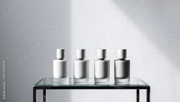 Fototapeta Elegant and modern perfume bottles in minimalist design, arranged on a small glass table, sleek and sophisticated presentation