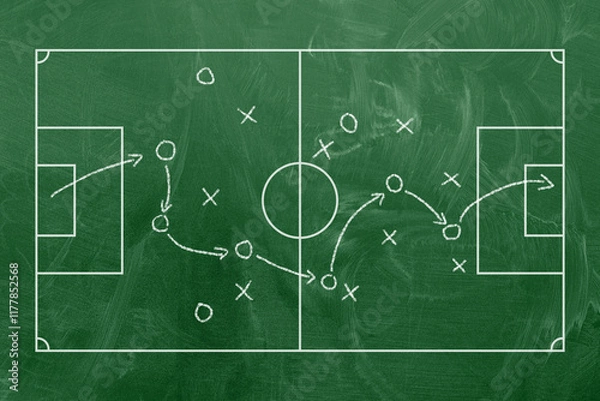 Obraz Soccer field with game strategy. Football tactic plan sketch. Coach board. Scheme with hand drawn players, lines and arrows. 