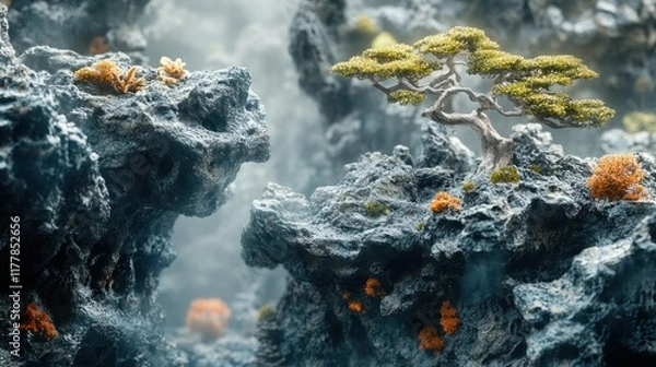Fototapeta Isolated Close-Up of a Unique Garden Scene with Rocks and Tree