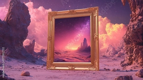 Fototapeta Isolated Sophisticated Gold Frame Against Cosmic Landscape Background
