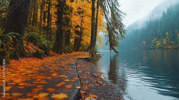 Fototapeta Serene Hiking Trail Beside a Peaceful Lake in Autumn Colors