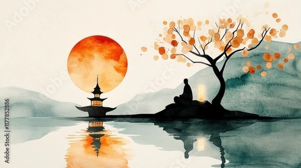Fototapeta Tranquil Sunset Over Water with Cherry Blossom and Pagoda