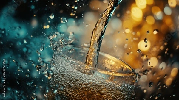 Fototapeta Sparkling Beverage Pouring into Glass with Glimmering Bokeh Effects