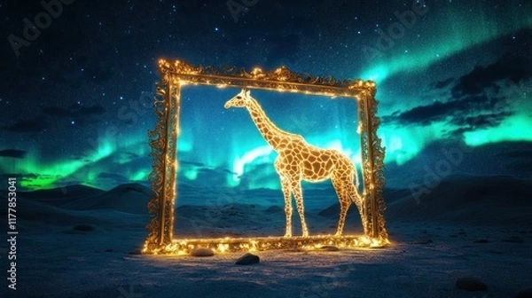 Fototapeta Isolated Gold Decorated Frame with Intricate Giraffe Amidst Aurora