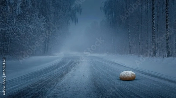 Fototapeta Snowy Road with Apple Strudel and Ski Resort in Background