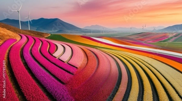 Fototapeta Colorful Aerial View of Tulip Fields with Windmills at Sunset