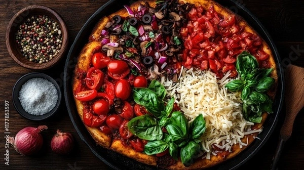 Fototapeta Fresh Pizza Ingredients on Wooden Table with Spices and Herbs