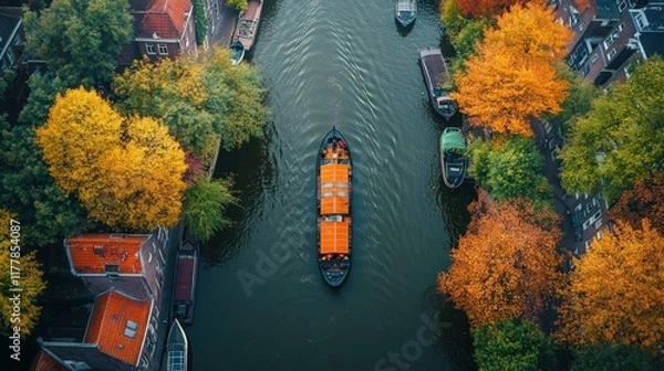 Obraz Aerial View of Autumn Cityscape in Amsterdam with Narrow Channels