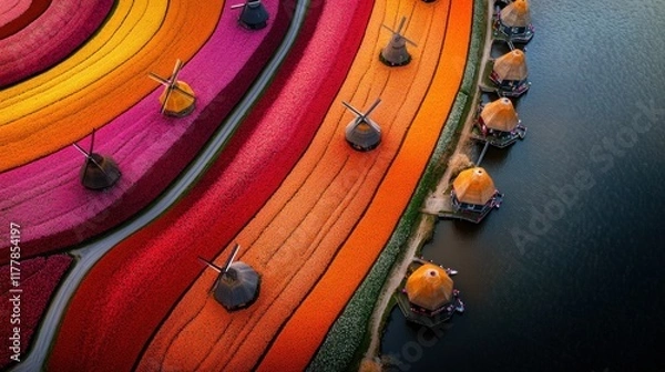 Fototapeta Aerial View of Colorful Tulip Fields and Windmills from Drone
