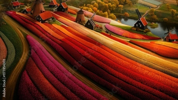 Fototapeta Aerial View of Colorful Tulip Fields with Windmills and Landscape