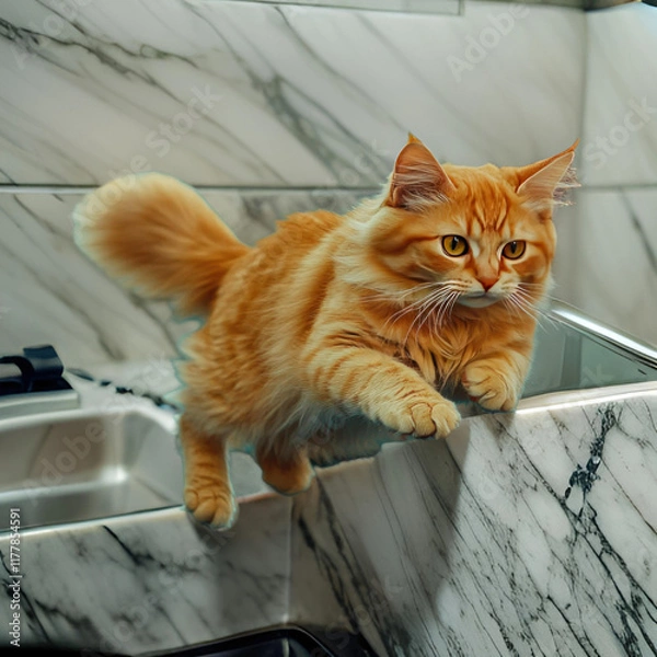 Fototapeta Cat Runs Up the Stairs in a Stylish Indoor Space