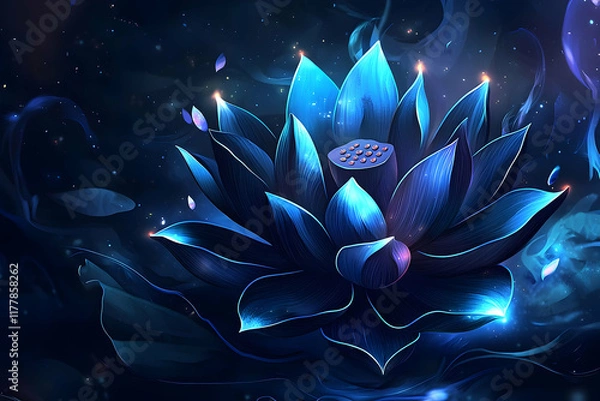 Fototapeta A blue lotus flower, emerging gracefully from a dark abstract backdrop, with soft, glowing light and gentle gradients symbolizing calmness.